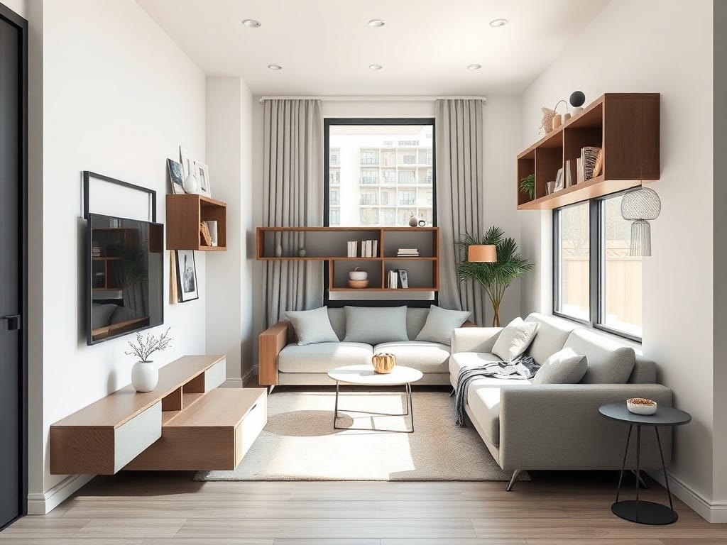 Compact living area with space-saving furniture — AI visualization